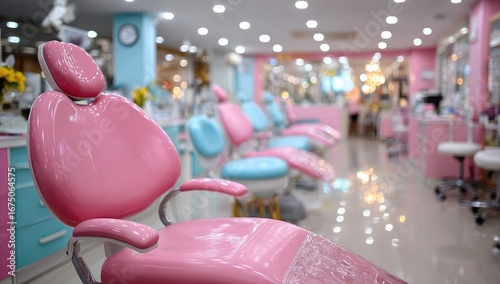 Pink and teal dental chairs in a brightly lit clinic
