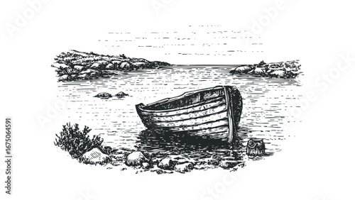 Wooden rowboat moored near rocky shore with calm water under hazy sky. Vector hand drawn illustration