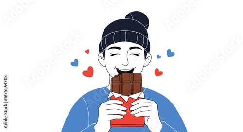 Young man wearing winter hat enjoys delicious chocolate bar surrounded by hearts on white background
