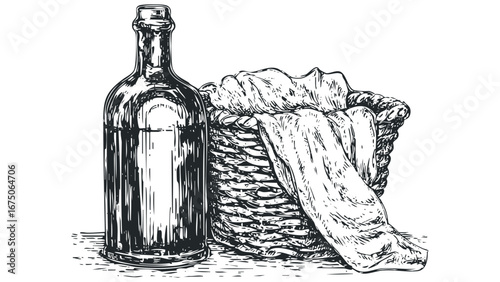 Still Life with Empty Bottle and Wicker Basket Filled with Fabric. Vector hand drawn illustration
