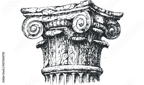 Ruined antique ionic column capital hand drawing, cut out transparent