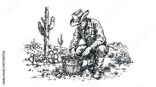 Cowboy panning for gold in desert landscape with saguaro cactus. Vector hand drawn illustration