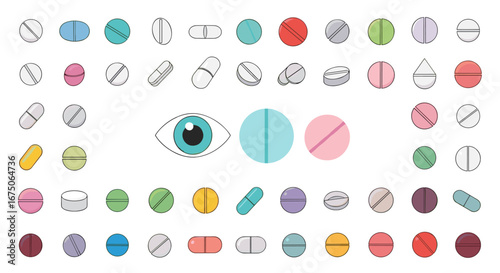 Collection of colorful round and oval pills arranged with a central eye symbol promoting vision health and medical treatment options