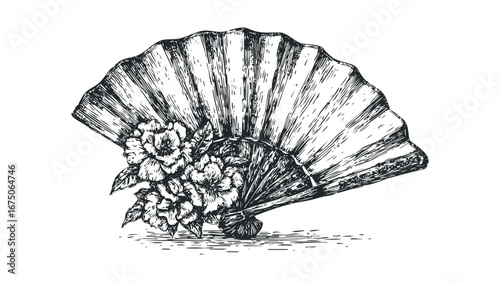 Decorative Hand Fan Adorned with Blooming Flowers in Vintage Sketch Style. Vector hand drawn illustration