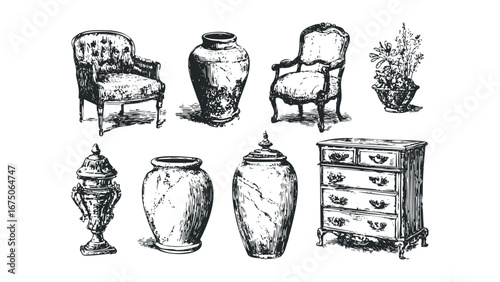 Antique Furniture and Decorative Vases Collection. Vector hand drawn illustration