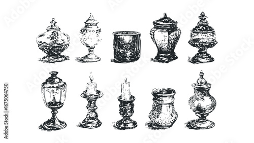 Collection of ornate glass containers and candle holders with detailed engravings. Vector hand drawn illustration