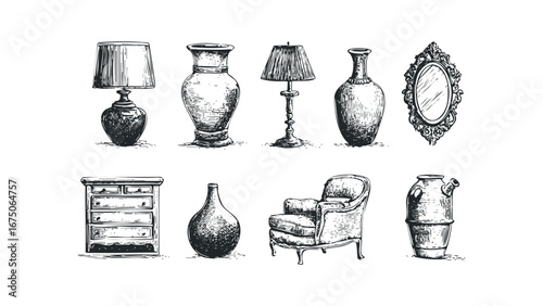 Collection of Sketch Drawings of Antique Furniture and Vases. Vector hand drawn illustration