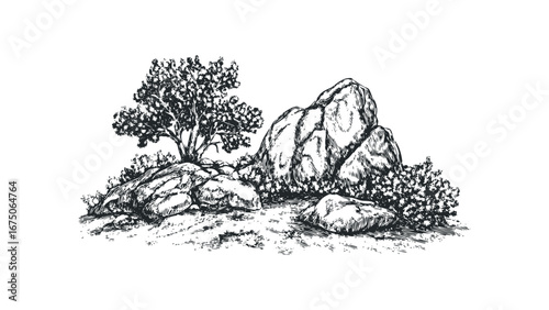 Hand-drawn sketch of a tree and large rocks on a textured landscape. Vector hand drawn illustration