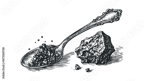 Ornate Silver Spoon Filled With Caviar Next to a Dark Rock Formation. Vector hand drawn illustration