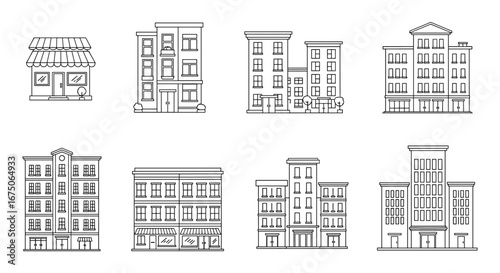 Collection of diverse building facades representing urban architecture and commercial spaces