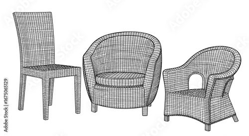 Wicker outdoor patio furniture set featuring dining chair armchair and lounge chair