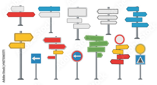A comprehensive collection of directional road signs and traffic signals for navigation and guidance