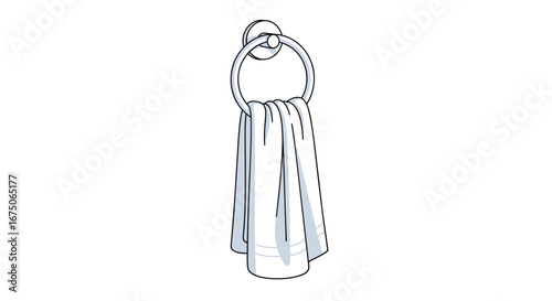 A white towel is neatly folded and hanging from a circular silver towel ring mounted on a white wall