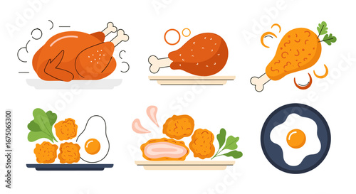 A delicious collection of fried chicken dishes and breakfast eggs presented in a clean vector illustration style