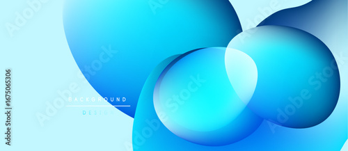 Abstract blue shapes overlap, creating dynamic gradient effect. Light background enhances visual depth, modern design.