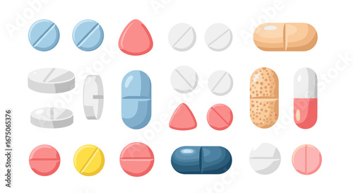 Collection of pharmaceutical medication pills and capsules in various shapes and colors for health and wellness treatments