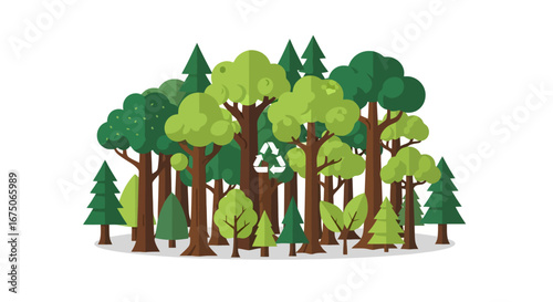 Flat Vector Forest Illustration Featuring Lush Green Trees and a Prominent Recycling Symbol. Suitable for Environmental Awareness Campaigns and Sustainable Practices