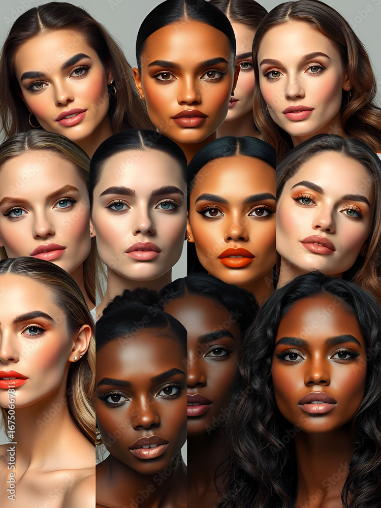 Obraz premium A diverse group of beautiful women with natural beauty and glowing smooth skin. Portrait of many attractive female fashion models with great skincare of all races, tones and style,