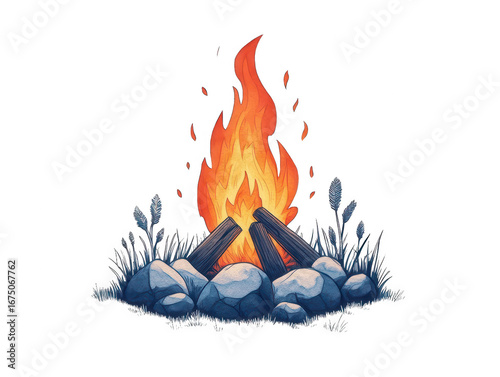 Cartoon campfire illustration showing burning logs surrounded by rocks and grass against a dark background