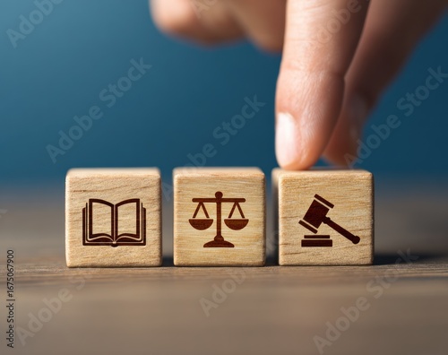 Hand placing wooden blocks with legal symbols