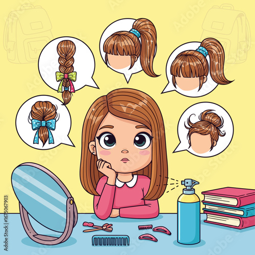 Girl contemplating different hairstyles, surrounded by hair styling tools and ideas.