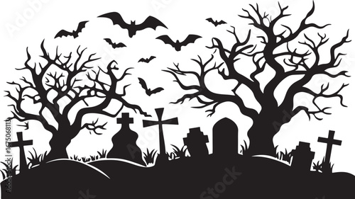 Spooky Graveyard Silhouette Vector for Halloween Night Design.