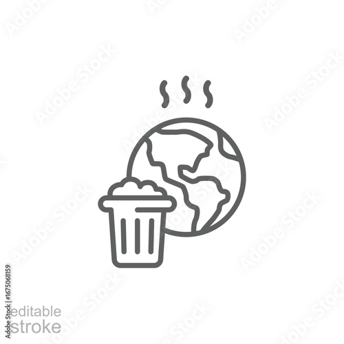 Pollution icon. Simple outline style. Global trash, earth globe, trash, recycle bin, recycling, garbage, planet, environment concept. Thin line symbol. Vector isolated design. Editable stroke