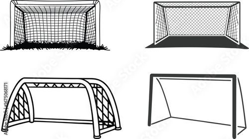 Four different styles of soccer goals depicted in black and white outlines.