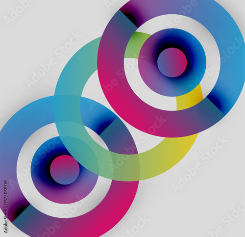 Abstract colorful circles overlap creating vibrant visual effect. Gradient hues blend smoothly, forming dynamic composition.