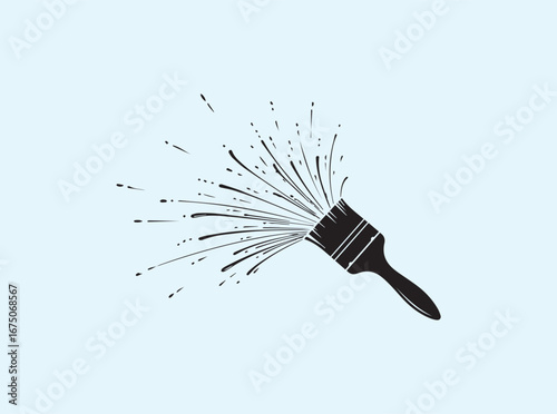 Stylized paintbrush silhouette with suspended swirling paint particles
