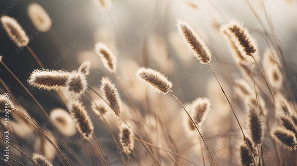 Fototapeta premium A serene scene featuring soft, tall grasses swaying gently in the breeze, illuminated by warm sunlight, evoking a sense of calm and tranquility.