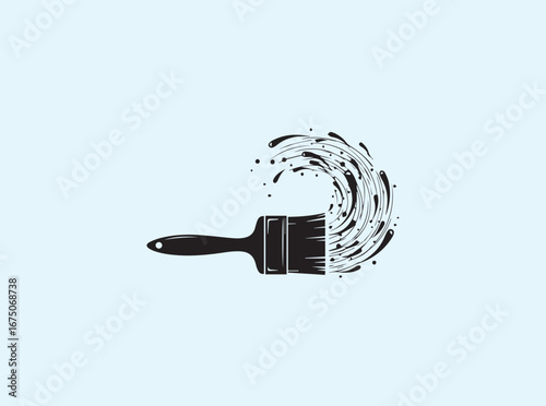 Solid black vector paintbrush with delicate swirling paint burst
