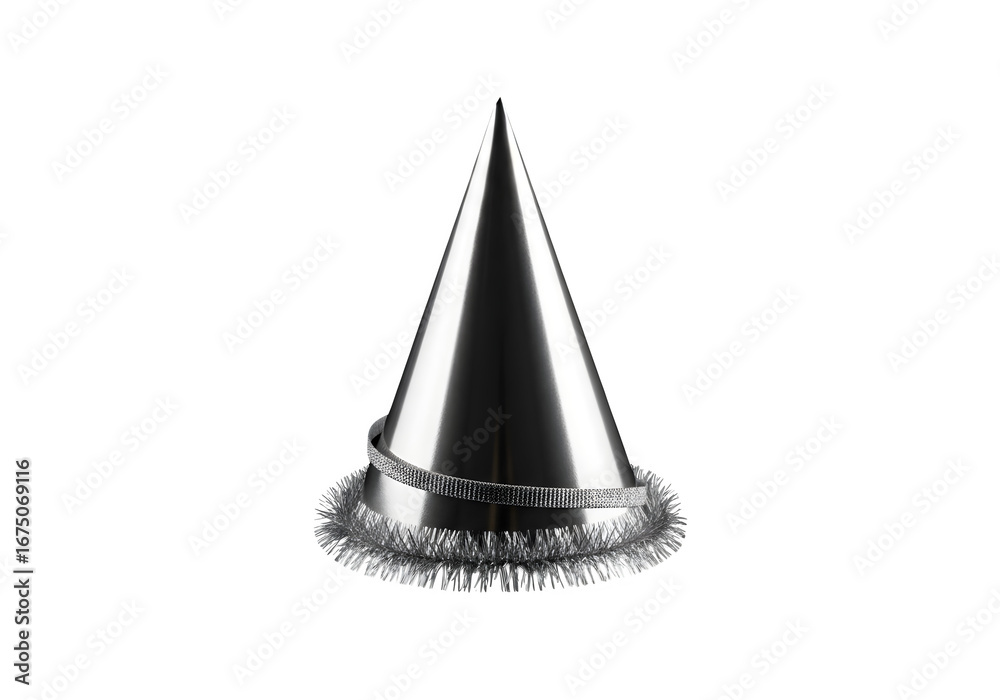Fototapeta premium Silver party hat with tinsel isolated on transparent background for celebration