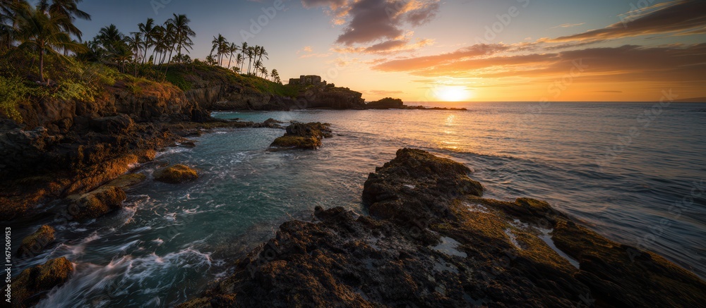 Naklejka premium A stunning sunset over rocky shores, with palm trees silhouetted against the vibrant sky, creating a serene coastal atmosphere.