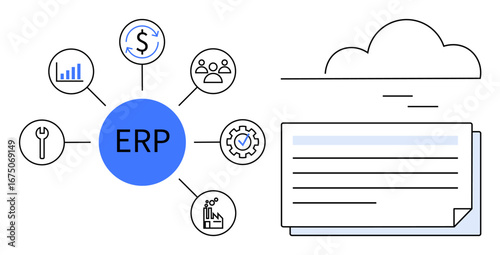 ERP diagram with central hub linking finance, analytics, tools, workforce, production, and gear. Connected to a cloud for seamless processing. Ideal for workflow, automation integration