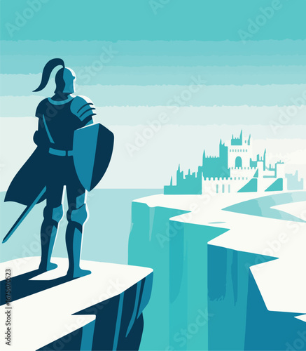 Knight looking at a castle from a cliff.