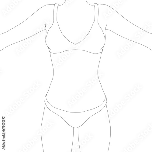 A confident girl in a scoop neck bikini with thin straps and contour panties stands with arms outstretched against a white background.