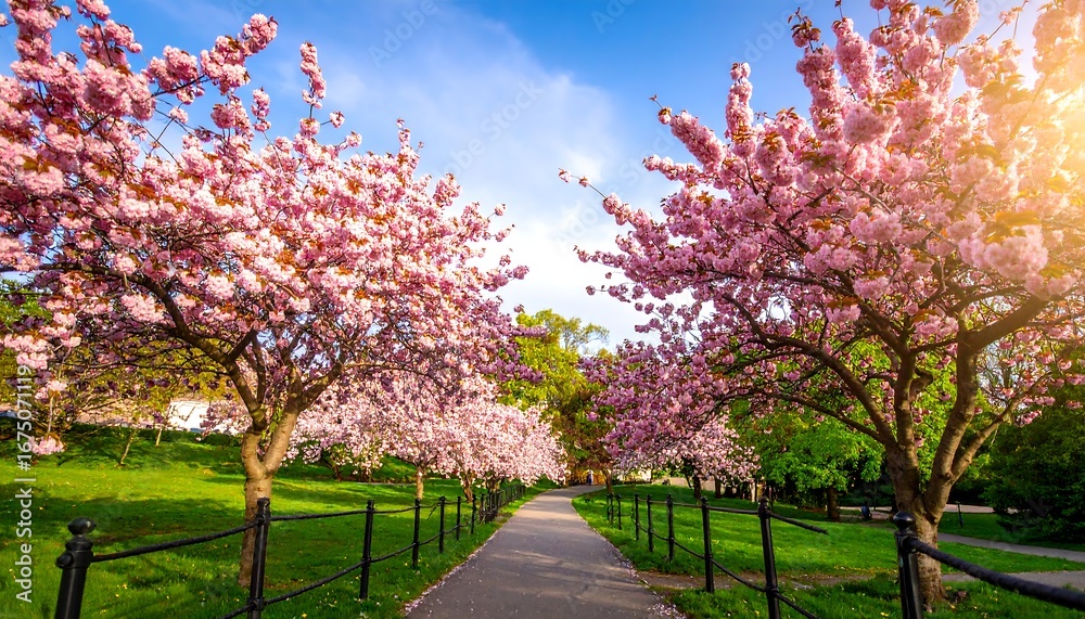 Naklejka premium Path lined by pink trees.