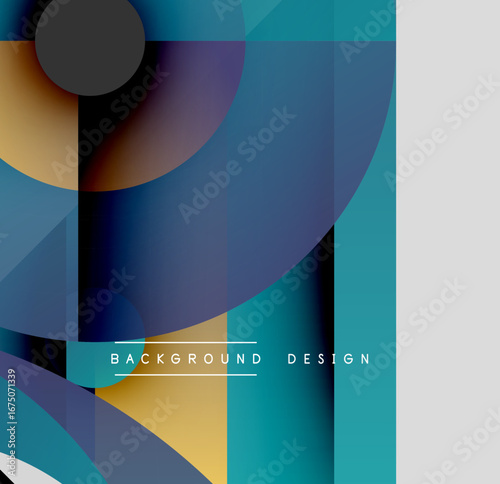 Abstract geometric shapes overlap. Blues, purples, yellows create modern design. Minimalist composition, clean lines, vibrant colors.