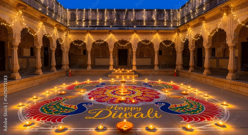 Obraz premium Illuminated courtyard with elaborate diwali rangoli and diyas
