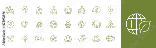 Ecology icon set. Simple outline style. Environment, sustainability, nature, recycle, renewable energy, electric bike, eco friendly, forest, wind power, green concept. Line symbol.