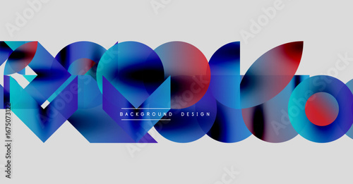Abstract shapes, vibrant colors, modern design. Blue, red hues dominate composition. Minimalist style, clean lines present.