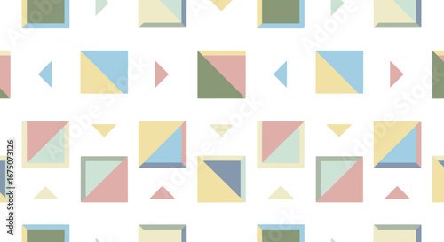 Geometric Pastel Pattern with Squares and Triangles, Ideal for Backgrounds, Textiles, and Creative Projects requiring a soft and playful aesthetic.