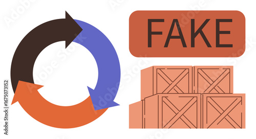 Circular arrow symbolizing a supply chain alongside labeled crates marked FAKE. Ideal for counterfeiting, trade, logistics, fraud, quality control, consumer awareness, ethical practices. Simple flat