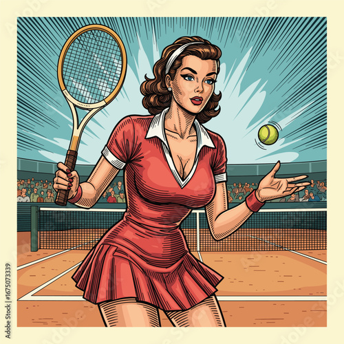 Colorful engraving of Vintage Female Tennis Player