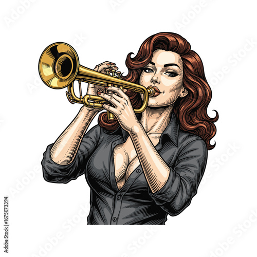 Colorful engraving of Vintage Female Trumpet Player