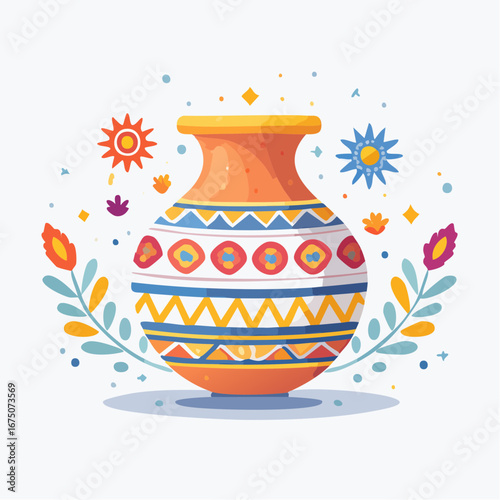 Ornamental Terracotta Vase With Geometric Pattern And Floral Decoration