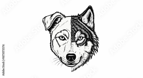 Engraving Style Dog and Wolf Hybrid Head Illustration