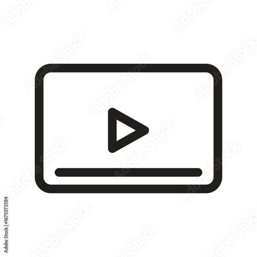 A black linedrawn icon resembling a video player with a play button and a line at the bottom on a white background. Editable stroke icon. Vector illustration