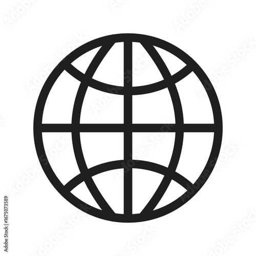 A black lined globe icon showing meridians and parallels centered on a white background. Editable stroke icon. Vector illustration